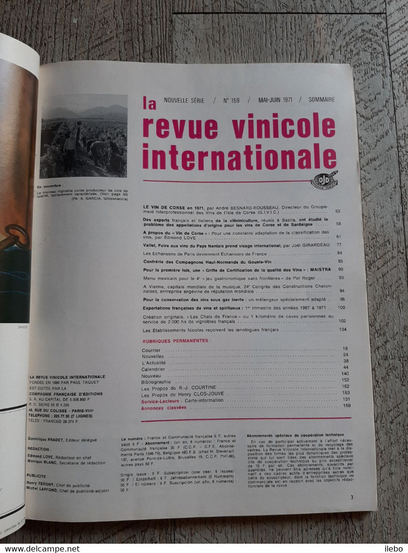 Revue Vinicole Internationale 1971 Vins De Corse Sardaigne Vallet Conservation Vin Vignoble - Küche & Wein