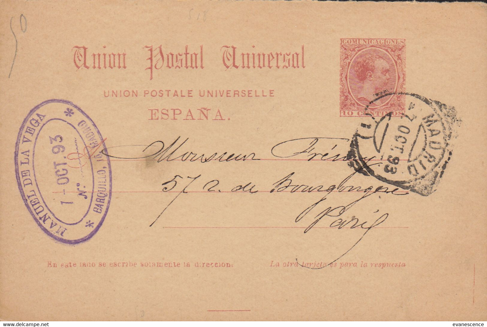 Carte Lettre  Espagne  Avec Entier Postal Sous Manuel De La Véga 1893      /// Ref  Oct. 20 /// N° 13.127 - Lettres & Documents