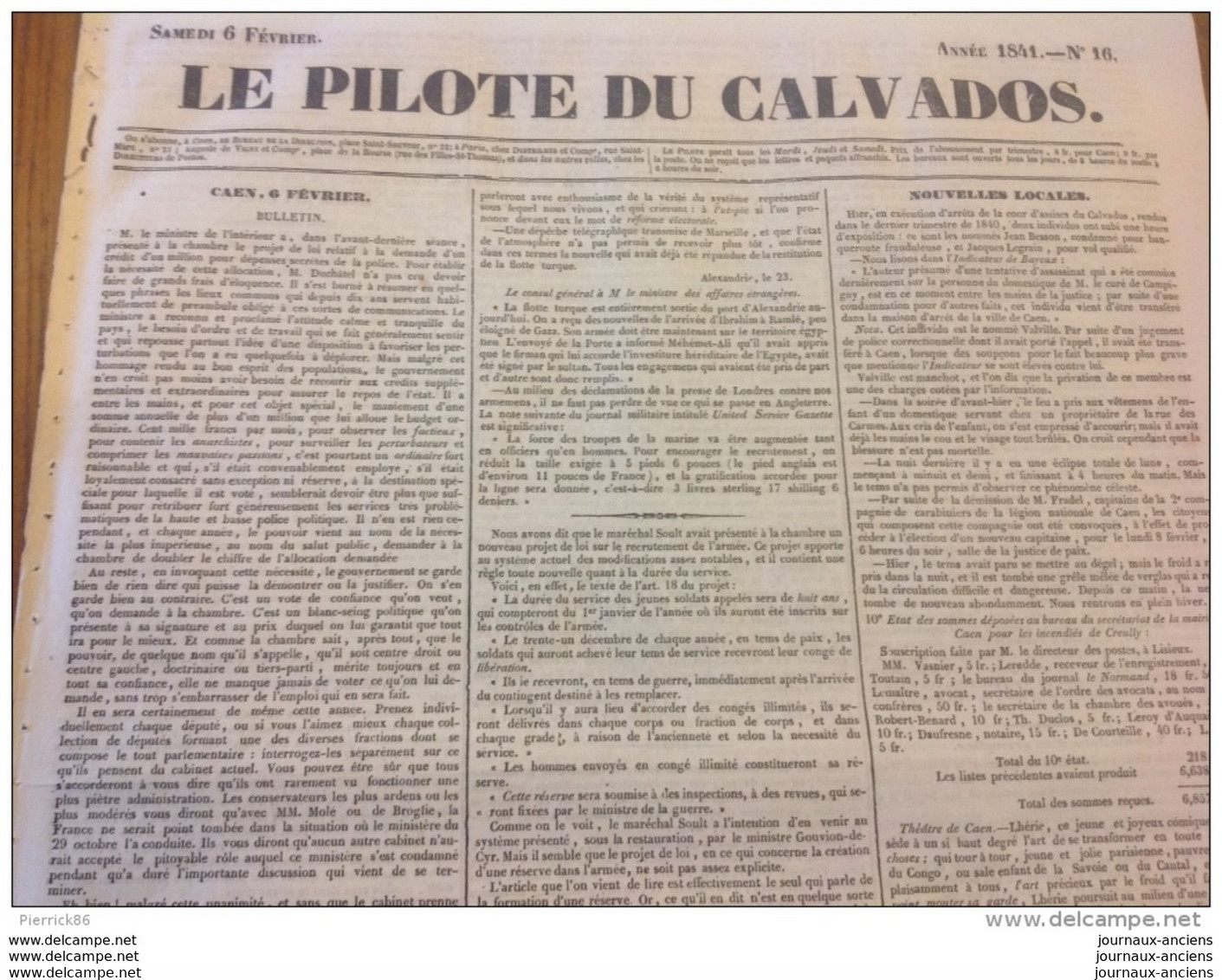 LE PILOTE DU CALVADOS Du 6 Fevrier 1841 - A VOIR - ARGENTAN - 1800 - 1849