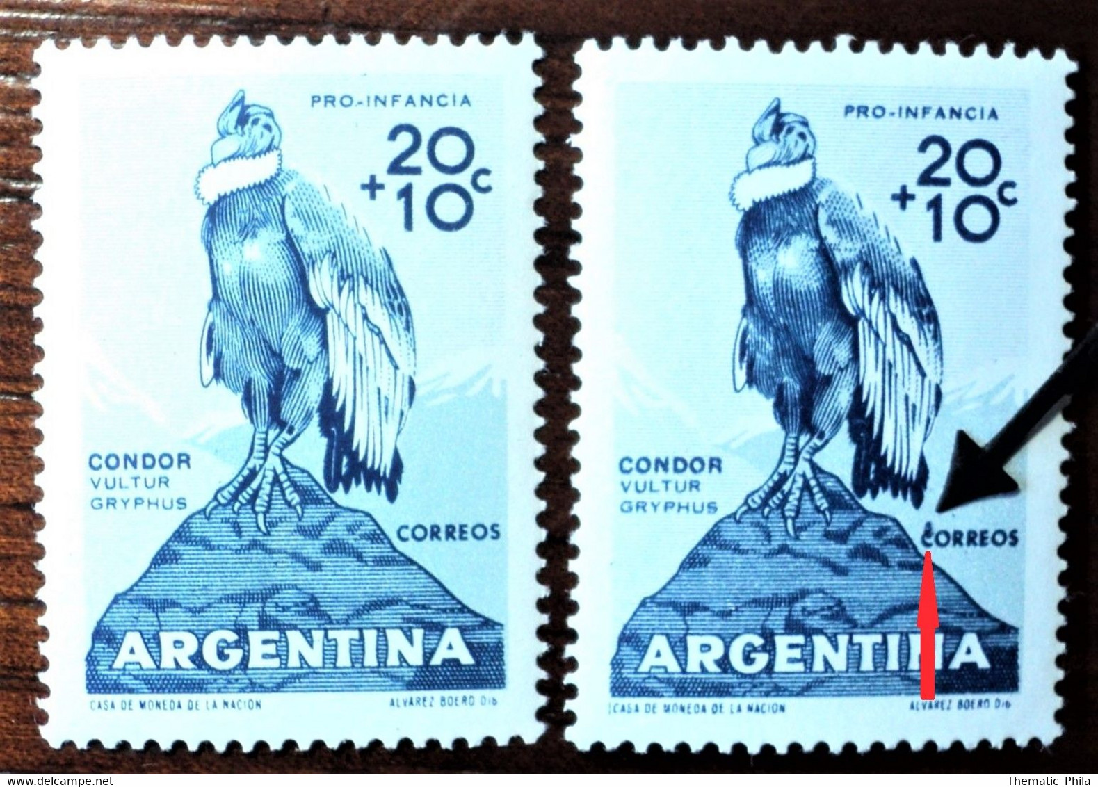 1960 Argentina MH- Variety Error Imperfect Letter "C" -vultur Gryphus Condor Ave Bird Oiseau Vogel Kondor Vautor Buitre - Altri & Non Classificati