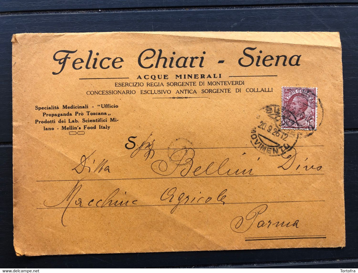 SIENA BUSTA INTESTATA FELICE CHIARI ACQUE MINERALI SORGENTE DI MONTEVERDI E DI COLLALLI 1926 - Siena