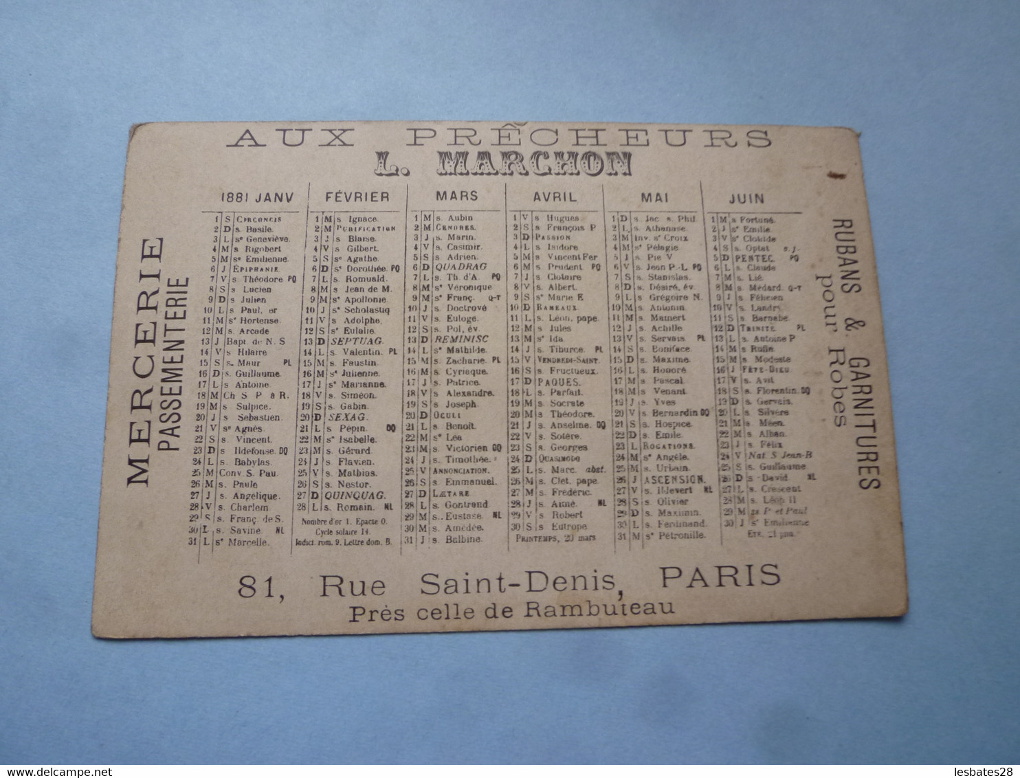 Calendrier  1881  AUX PRECHEURS -  L. MARCHON  PARIS   MERCERIE PASSEMENTIERE Allégorie Peinture  (2020 Octobre 12) - Tamaño Pequeño : ...-1900