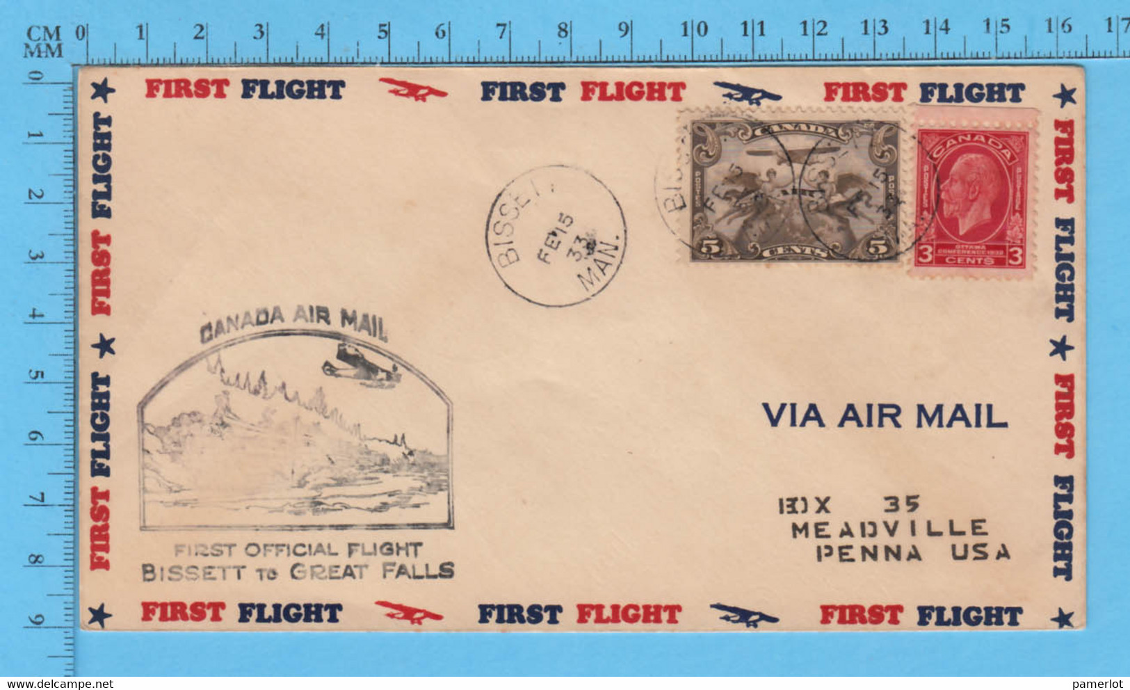 CANADA Scott #C1, FIRST FLIGHT, BISSETT TO GREAT FALLS MANITOBA. CIRCULATED ENVELOPE 1933 TO USA - First Flight Covers