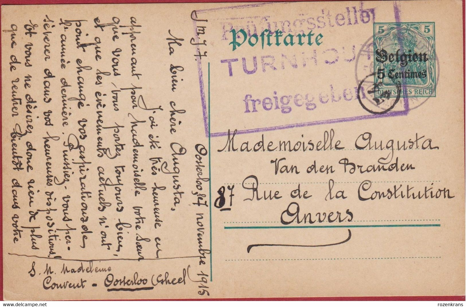 1915 Entier Postal Postwaardestuk Belgien Deutsches Reich Opdruk 5 Centimes Prufungsstelle TURNHOUT Freigegeben - Occupazione Tedesca