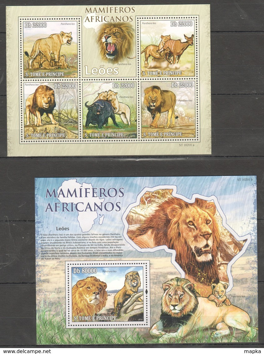 BC806 2010 S.TOME E PRINCIPE MAMIFEROS AFRICANOS WILD ANIMALS LIONS 1KB+1BL MNH - Felinos