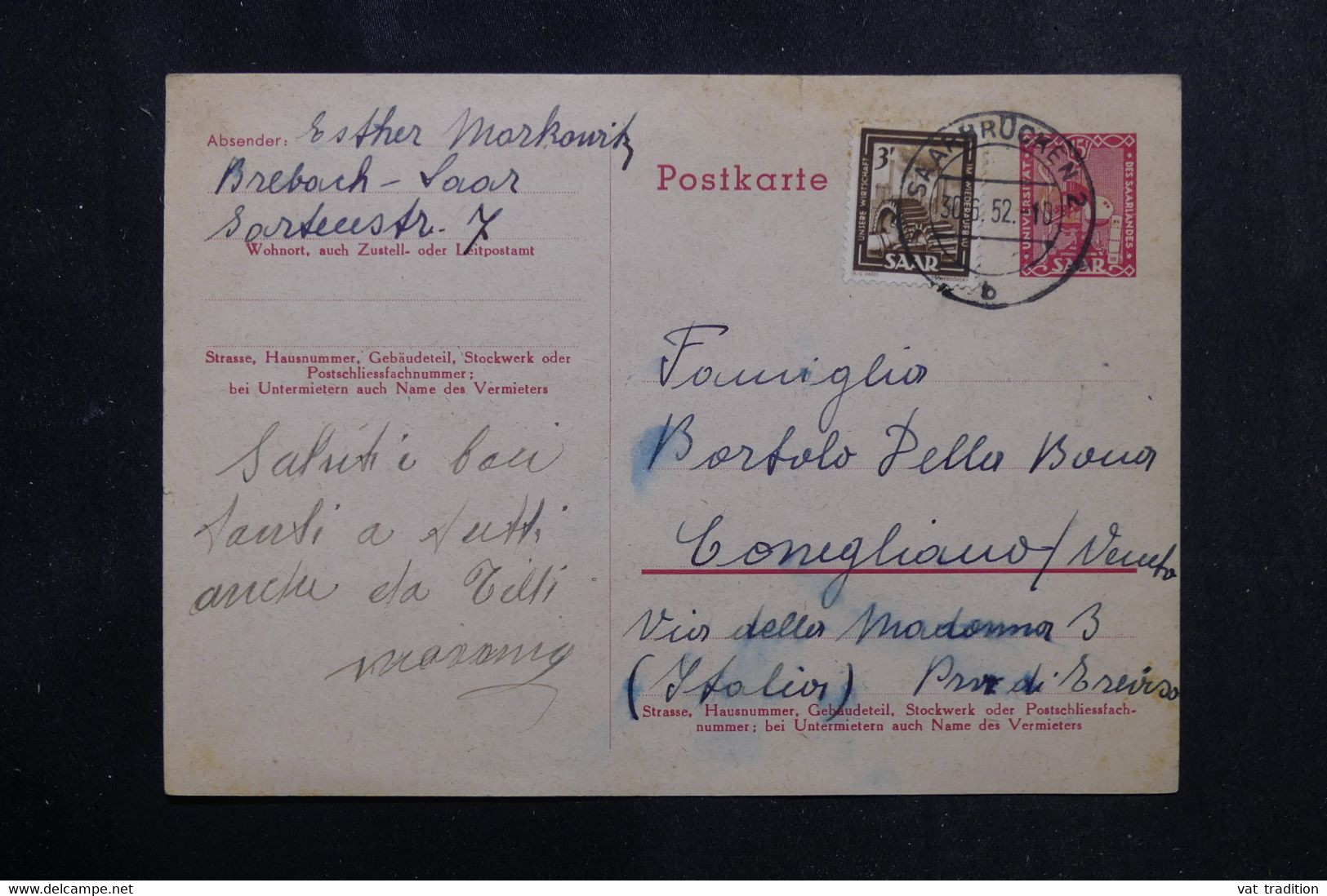 SARRE - Entier Postal + Complément De Saarbrücken En 1952 Pour L 'Italie - L 72804 - Enteros Postales