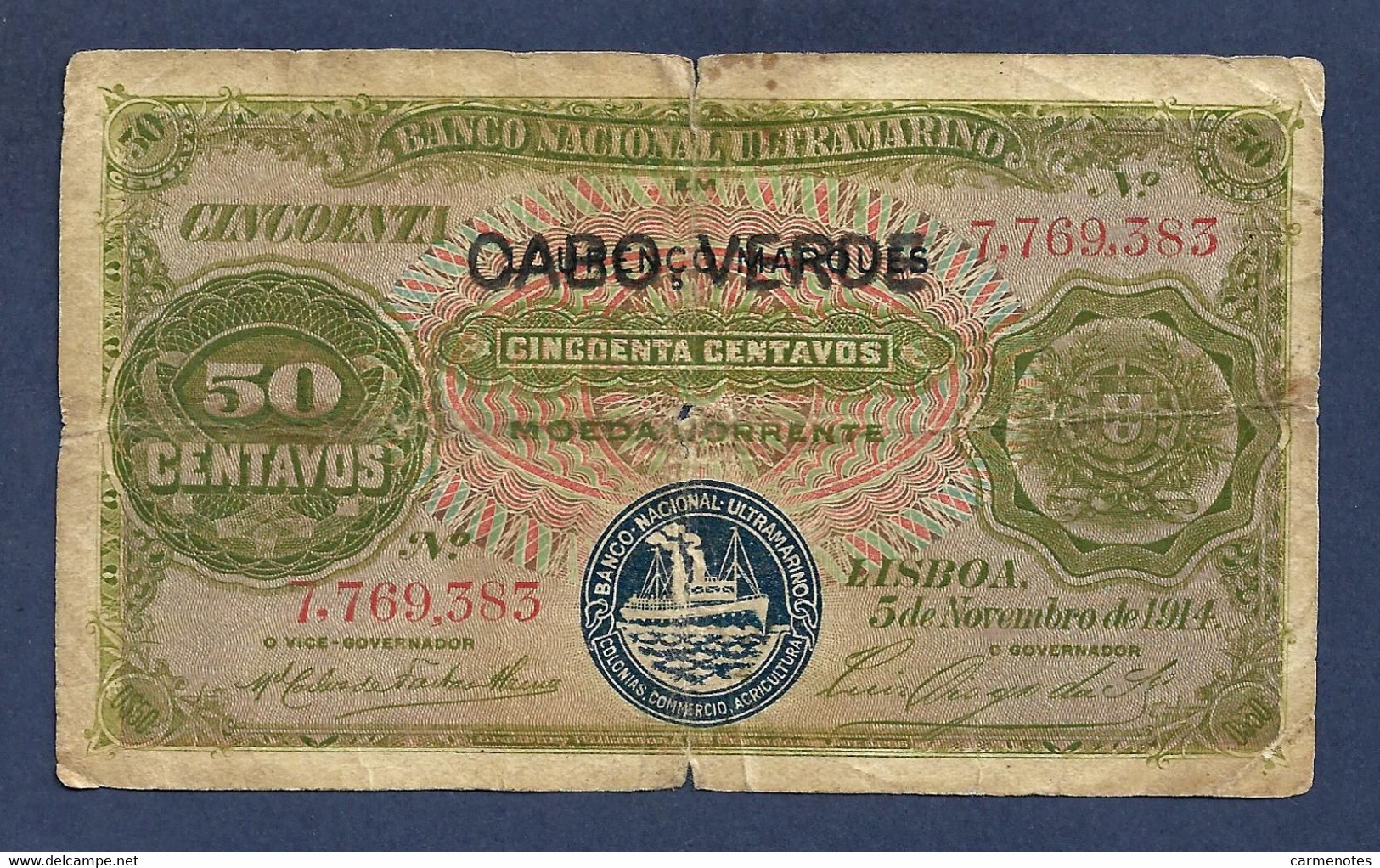 Cape Verde 50 Centavos 1914 P22 Rare F/VF - Cape Verde