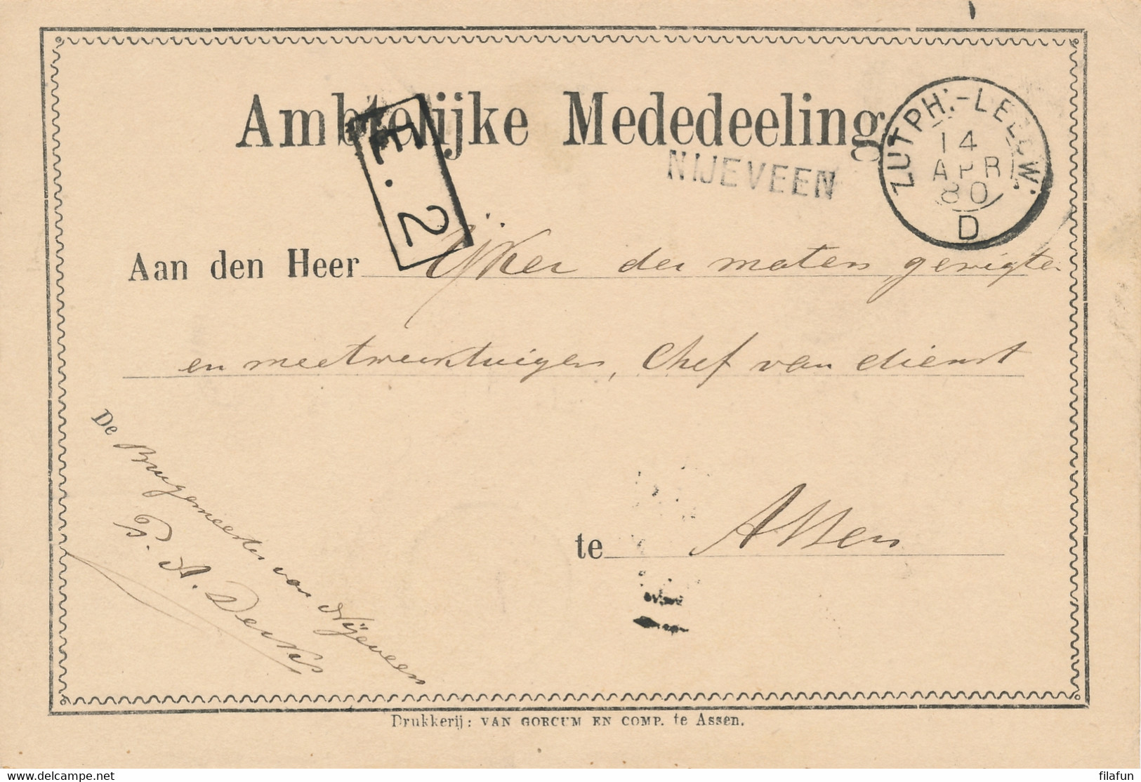 Nederland - 1880 - Ambtelijke Kaart Van L NIJEVEEN Met Trein Kleinrond ZUTPH:-LEEUW:/D Naar KR Assen - Postal History