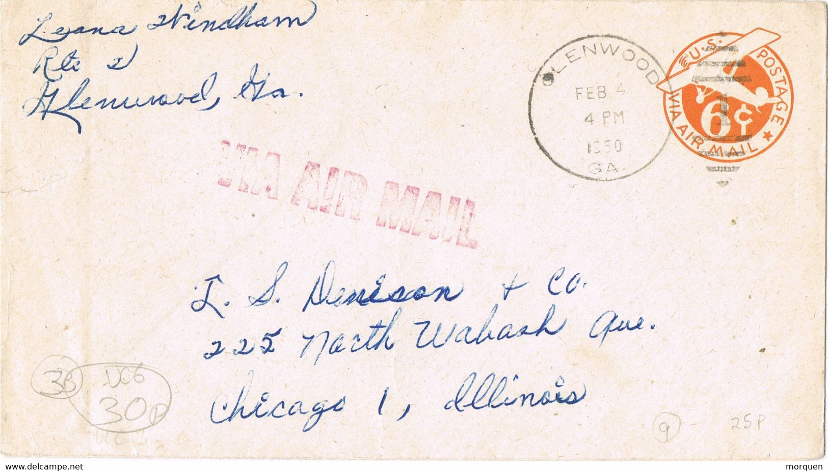 38012. Entero Postal Aereo GLENWOOD (Ga) 1950 To Chicago. Gride 1 - 1941-60