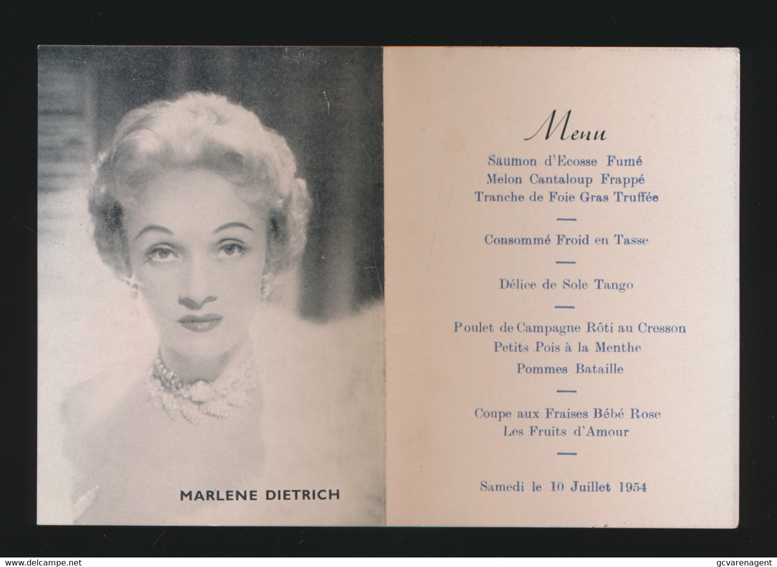 MENU  MARLENE DIETRICH   SAMEDI LE 10 JULLET 1954   2 SCANS - Menus