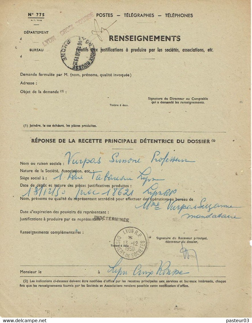 Document De Renseignements N° 775 Des PTT Oblitéré De LYON RP Dossiers De Sociétés 13-12-1950 - 1921-1960: Periodo Moderno