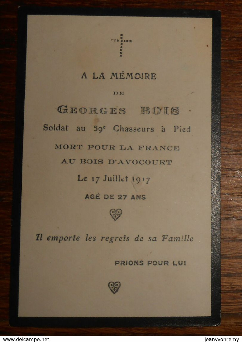 Image De Décès D'un Soldat Du 59e Chasseurs à Pied, Mort Pour La France Au Bois D'Avocourt En 1917. - Andachtsbilder