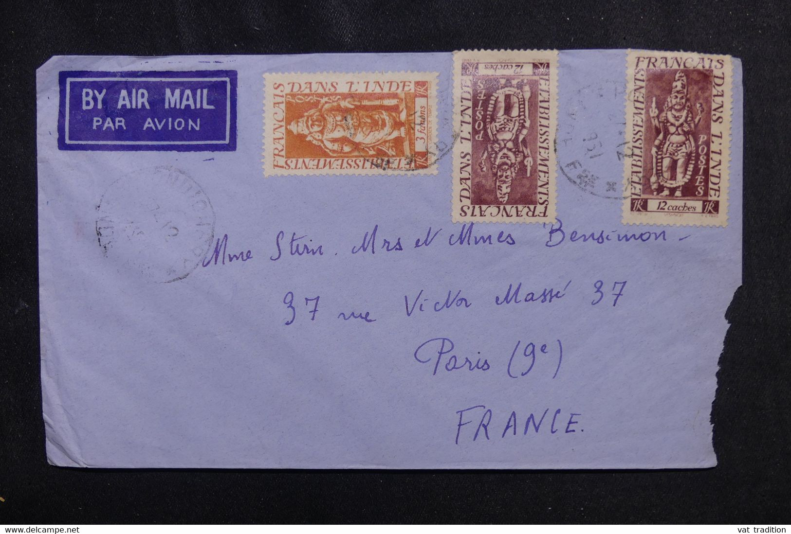 INDE - Enveloppe De Pondichéry Pour La France Par Avion En 1951 - L 72896 - Briefe U. Dokumente