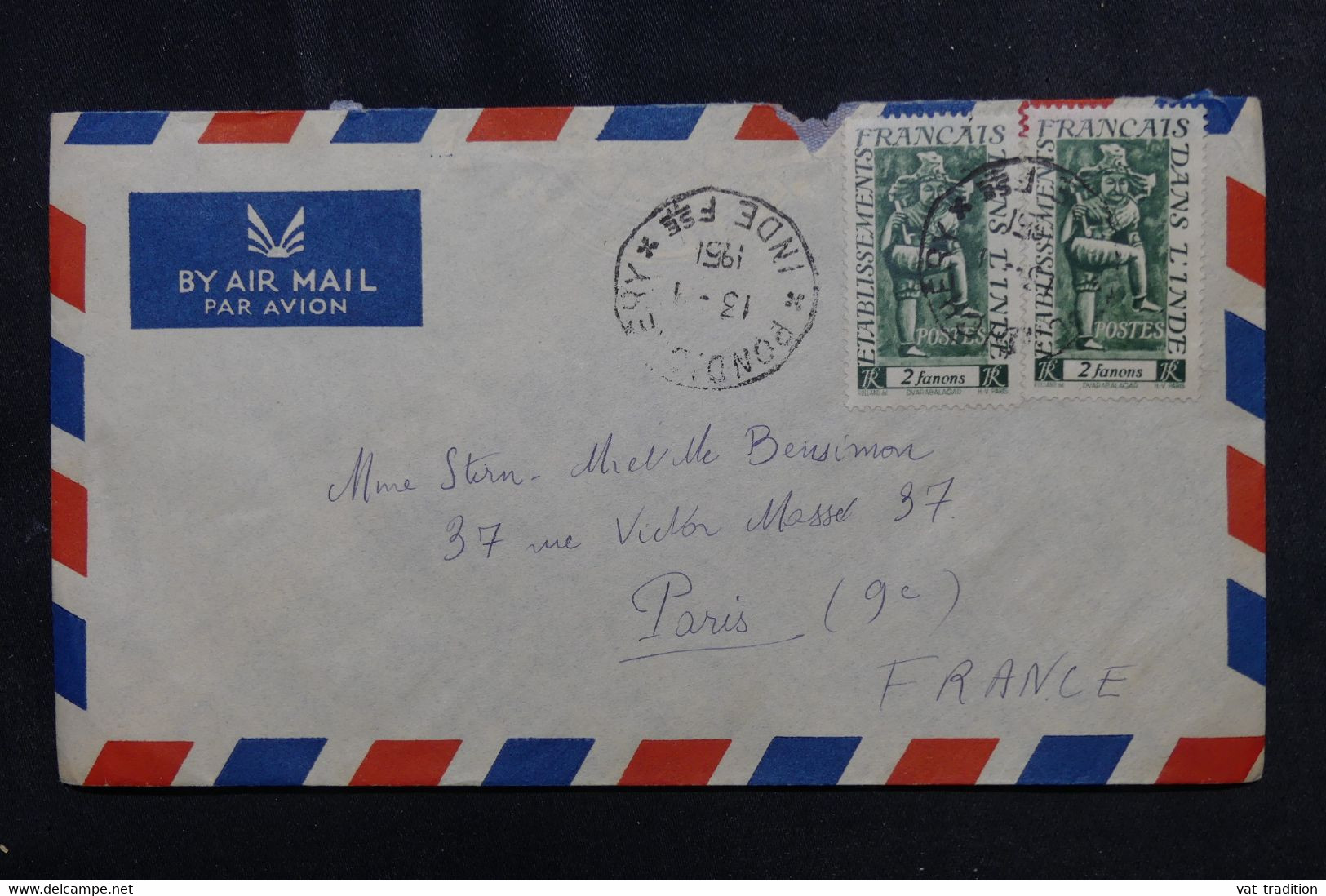 INDE - Enveloppe De Pondichéry Pour La France Par Avion En 1951 - L 72901 - Lettres & Documents