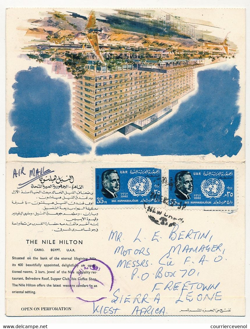 EGYPTE - Carte Postale Double - Affr. Composé, Pour Sierra Leone, 35M X2 Dag Hammarskjöld - 1962 - Hotel Hilton Le Caire - Cartas & Documentos