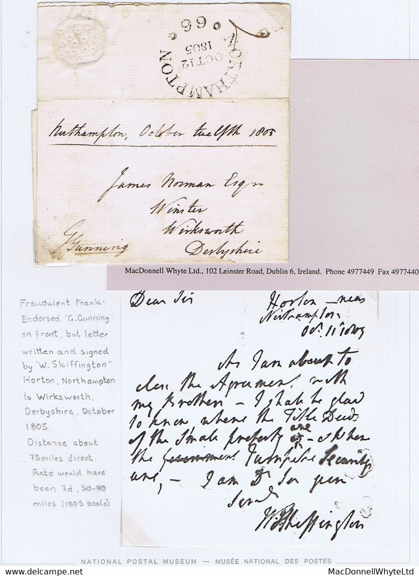 Northampton Free Franking Abuse 1805 Letter Franked Free Sir George Gunning NORTHAMPTON 66 Mileage Cds OCT 12 1805 - ...-1840 Préphilatélie