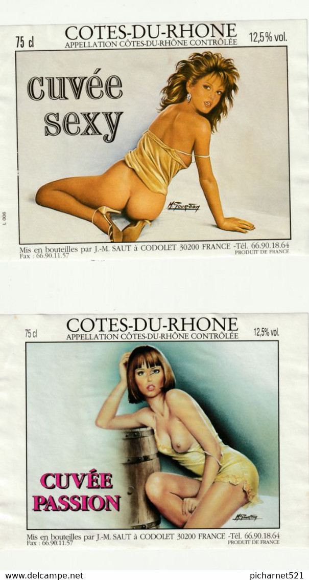 Deux étiquettes De Vin Des "Cotes Du Rhône". Cuvée Passion Et Cuvée Sexy, Dessinées Par Gourdon. TB état. 2 Scan. - Food