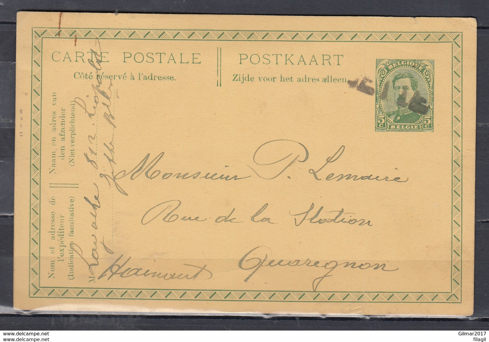 Postkaart Griffe Jette Naar Quaregnon - 1915-1920 Albert I