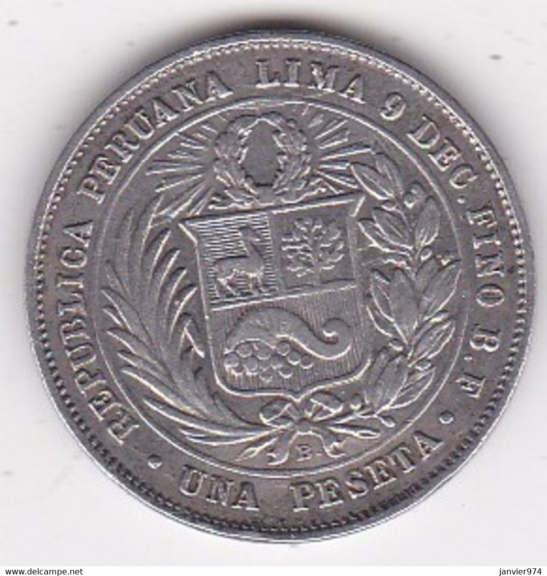 Perou. Una Peseta 1880 BF. Argent, KM#200.2, With Dot After "B"- Point Apres Le B. - Peru