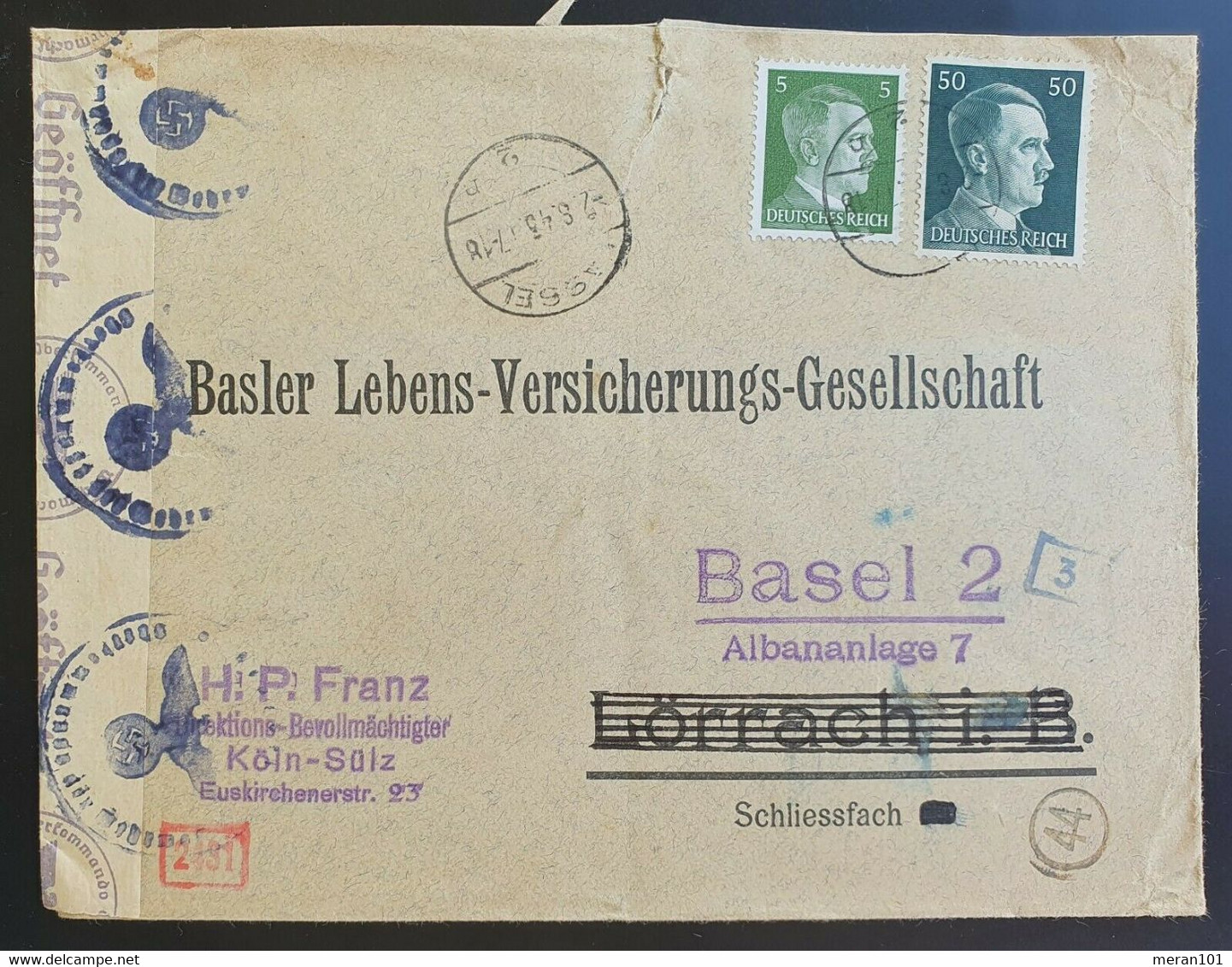 Deutsches Reich 1943, Ausland Zensur Bedarfsbrief - Basler Versicherung - Covers & Documents