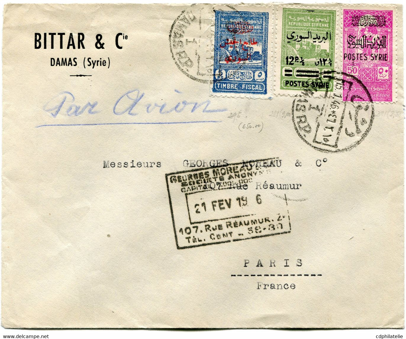 SYRIE LETTRE PAR AVION AFFRANCHIE AVEC DES TIMBRES FISCAUX SURCHARGES POUR ETRE TRANSFORMES EN TIMBRES-POSTE DEPART..... - Briefe U. Dokumente