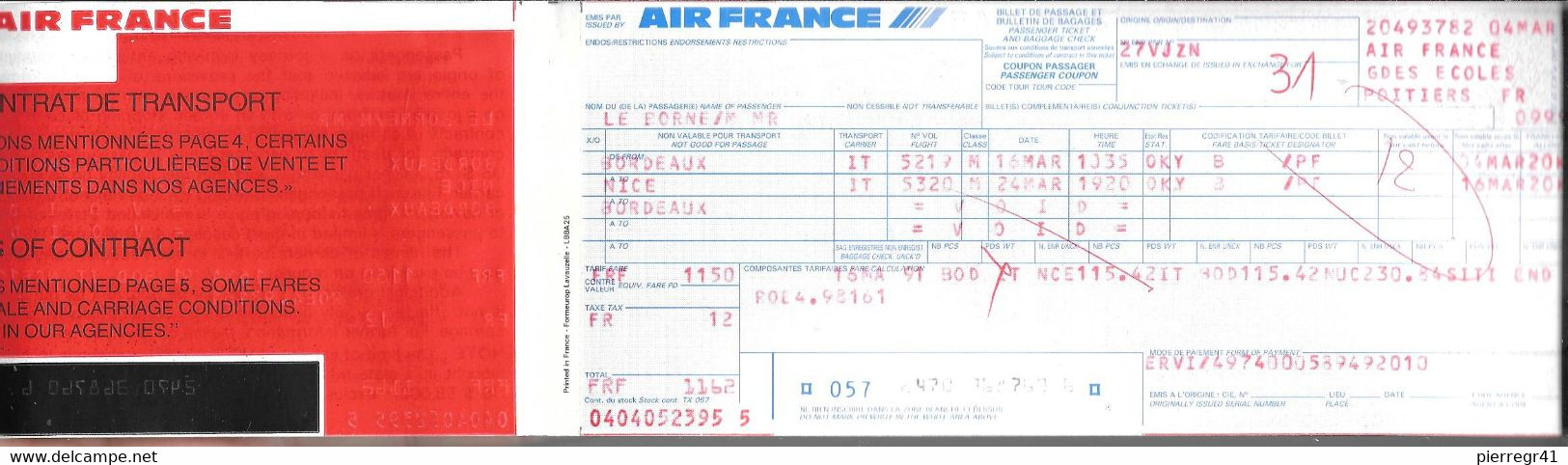 BILLET AVION--Cie AIR FRANCE-1991-VOL AIR INTER-BORDEAUX/NICE/BORDEAUX-Complet-TBE-RARE - Europa