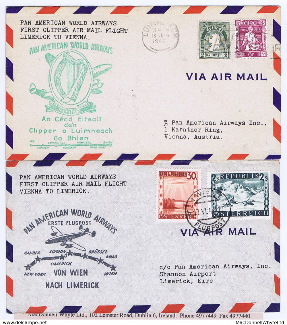 Ireland Airmail 1946 Pan Am First Flight Shannon To Vienna, Covers Flown Both Ways with PAA Cachets - Luftpost