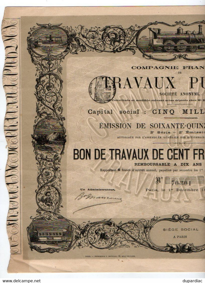 Compagnie Française De TRAVAUX PUBLICS : Bon De Travaux De Cent Francs Au Porteur (trains, Bateaux,...), 1880. - Transport