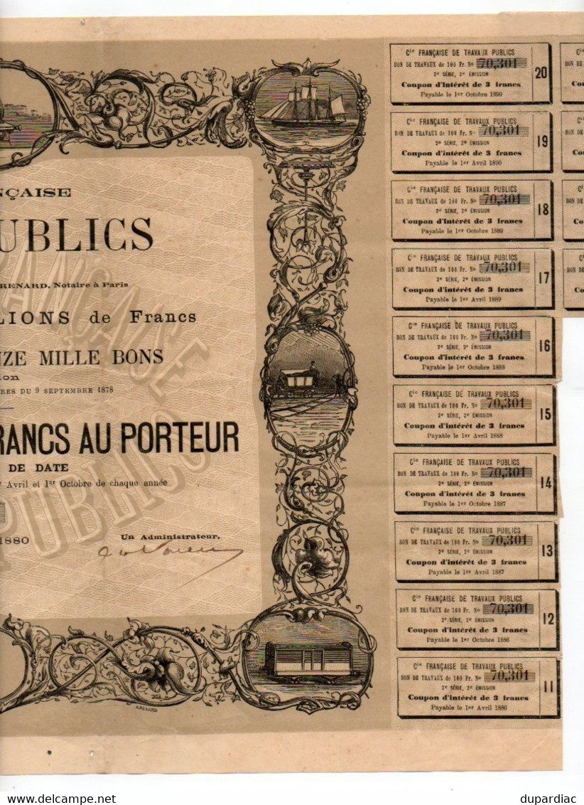 Compagnie Française De TRAVAUX PUBLICS : Bon De Travaux De Cent Francs Au Porteur (trains, Bateaux,...), 1880. - Transporte