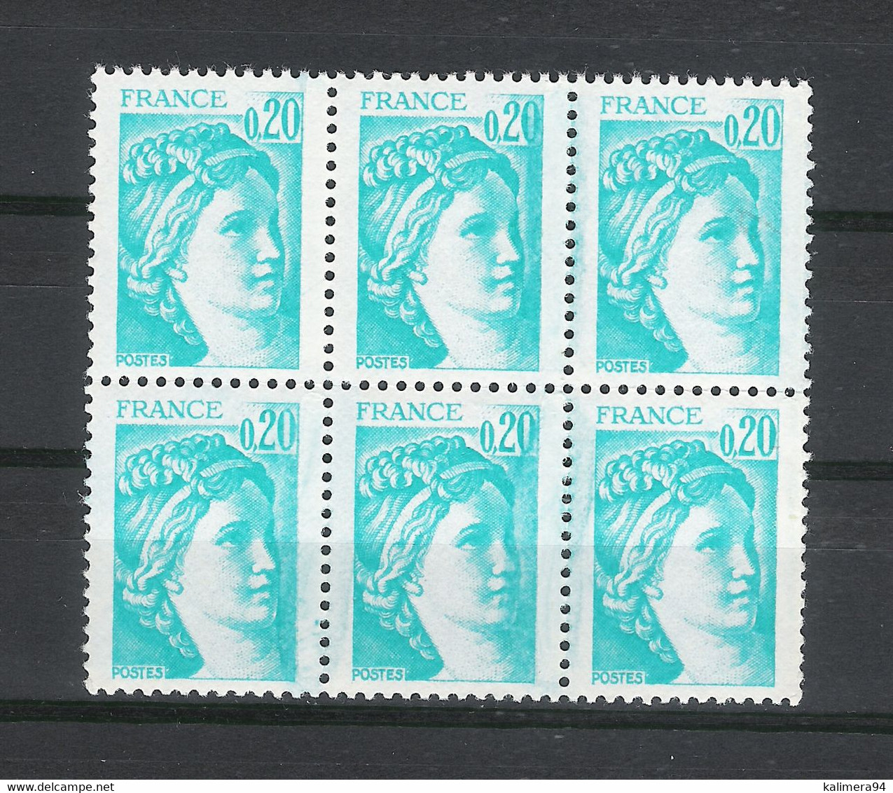 Y. & T.  N° 1967  /  20 Ct. Type SABINE De GANDON  /  Variété De Coloris Sur Bloc De 6 ( Bavures De L'encre émeraude ) - Ungebraucht
