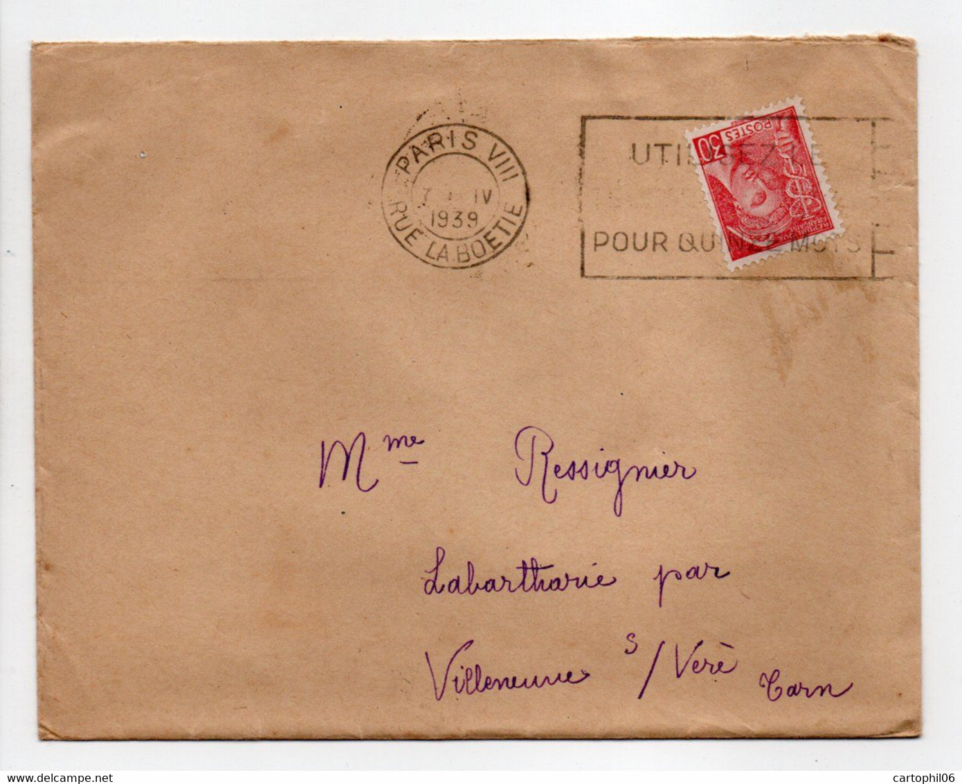 - Lettre PARIS Pour LA BARTHARIÉ Par VILLENEUVE-SUR-VÈRE (Tarn) 10.4.1939 - 30 C. Rouge Type Mercure - - Covers & Documents