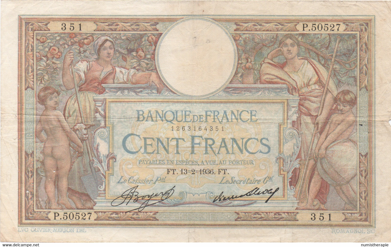 France : 100 Francs 1936 (moyen état) - 100 F 1908-1939 ''Luc Olivier Merson''