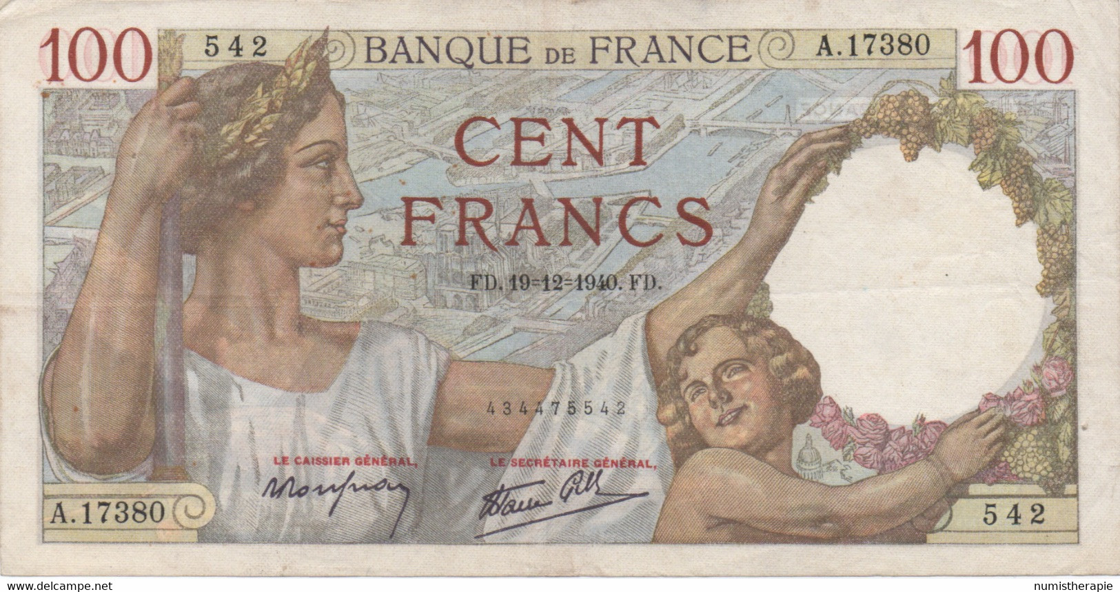 France : 100 Francs 1940 (bon état) - 50 F 1934-1940 ''Cérès''