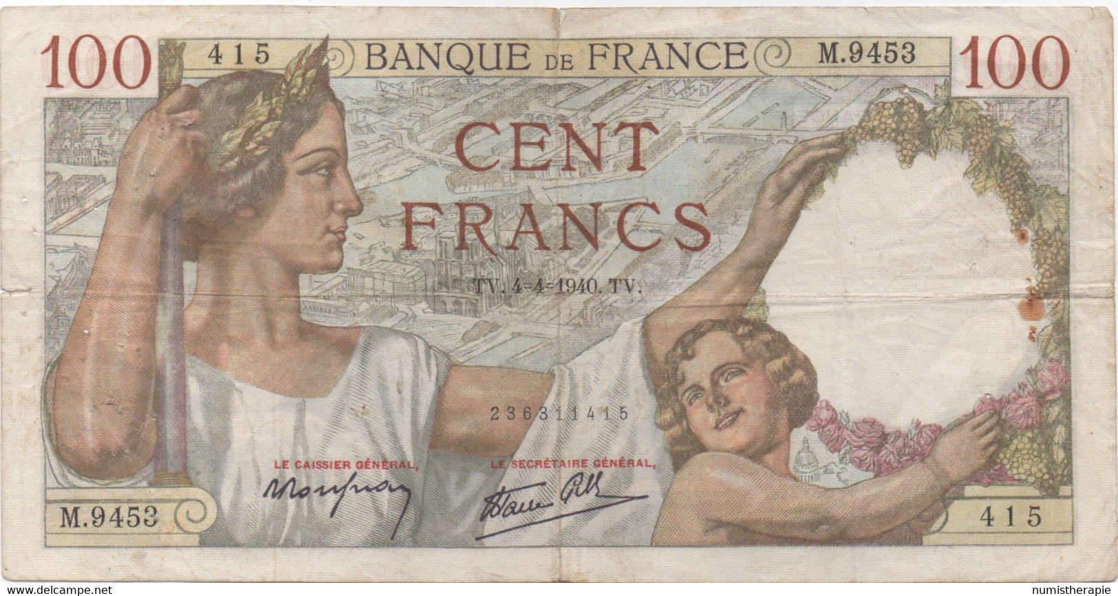 France : 100 Francs 1940 (moyen état) - 50 F 1934-1940 ''Cérès''