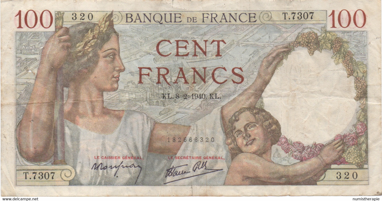 France : 100 Francs 1940 (mauvais état) - 50 F 1934-1940 ''Cérès''