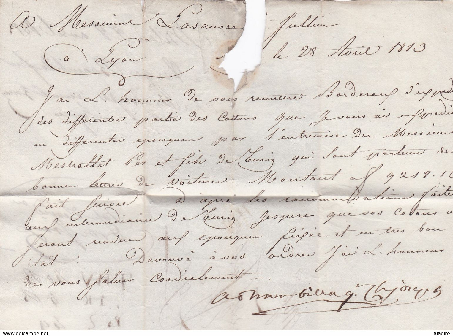1813 -  BF MILAN Bureau Français Sur Lettre Pliée Avec Correspondance Vers Lyon, Rhône, France - 1792-1815: Départements Conquis