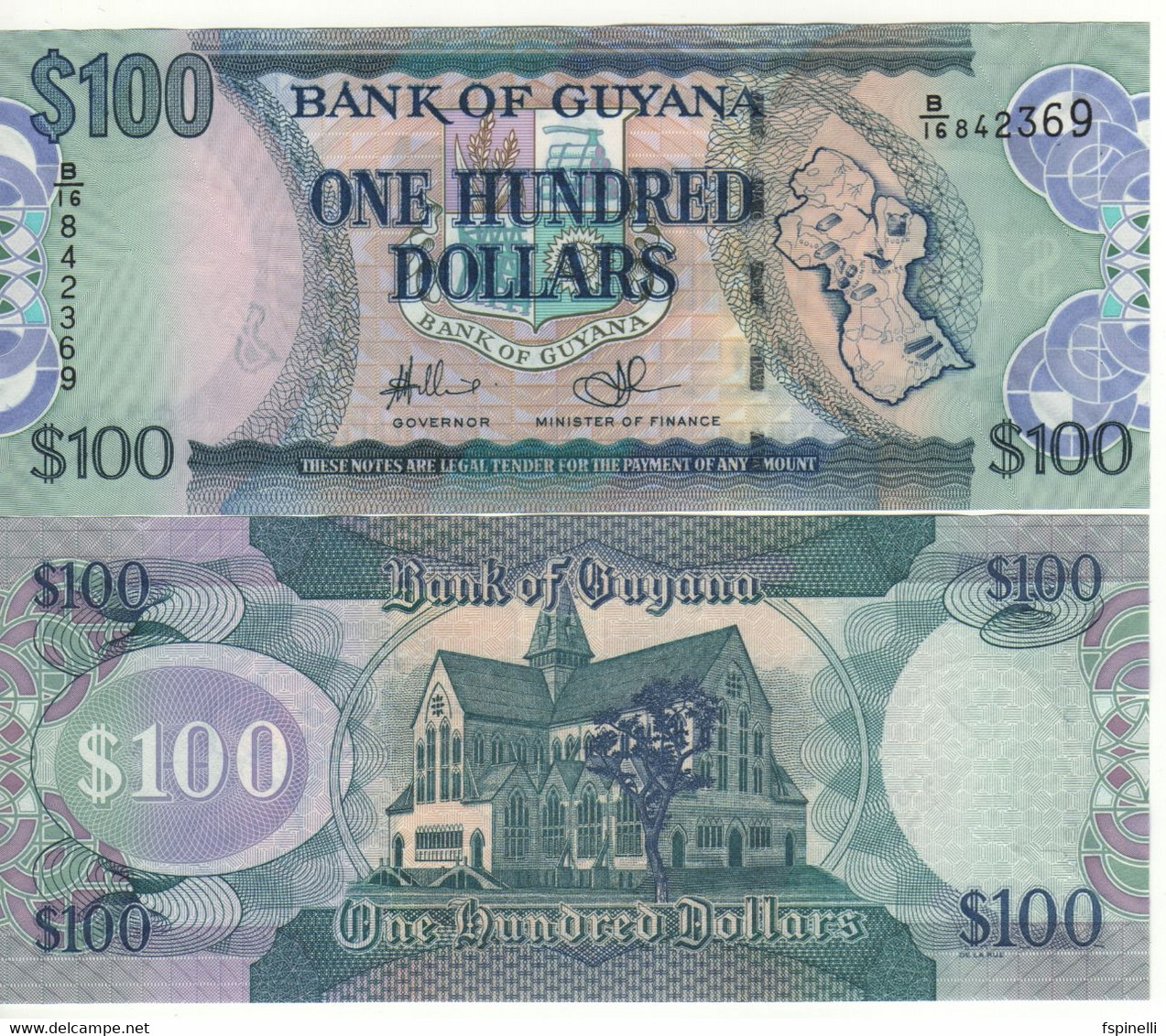 GUYANA   100 Dollars  P36b   UNC   (ND  2005 - 2016   Map -  St. Geroge Cathedral On Back ) - Guyana
