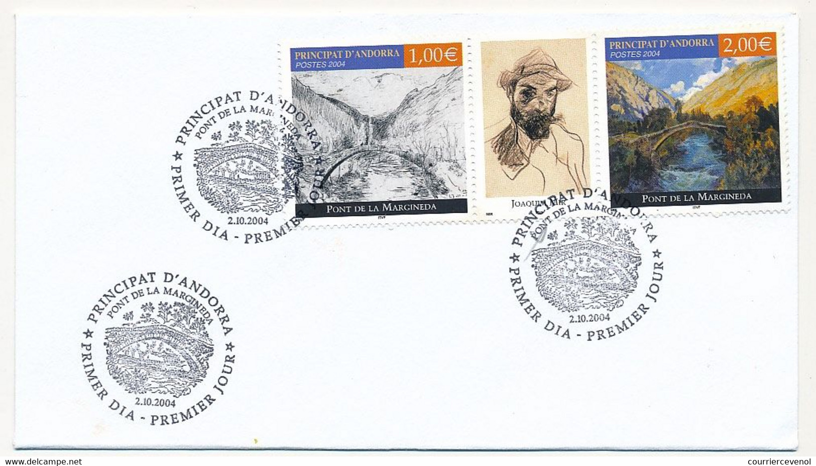 ANDORRE => Env. Blanche - 1,00E Et 2,00E Pont De La Margineda - Premier Jour 2/10/2004 - Principat D'Andorra - FDC