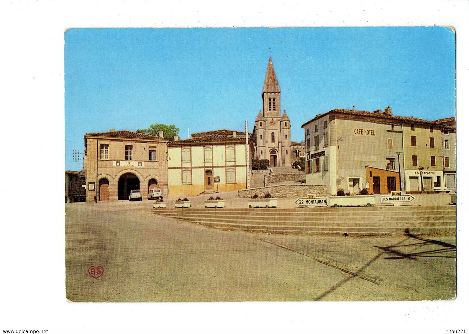 Cpsm - 81 Salvagnac PLACE EGLISE 1973 Panneau Routier Direction Café Hotel MAIRIE Alimentation Voiture 4L - 2 CV RENAULT - Salvagnac