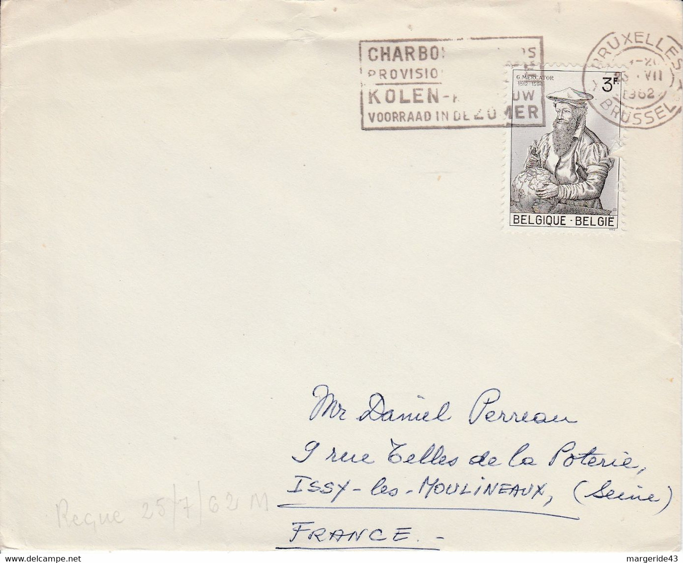 BELGIQUE SEUL SUR LETTRE POUR LA FRANCE 1962 - Covers & Documents