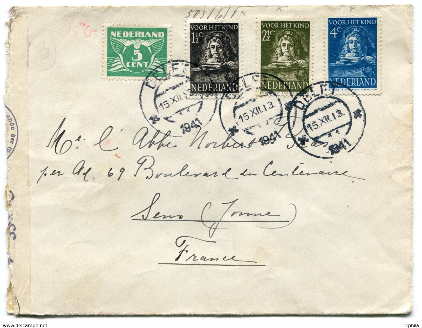 RC 18563 PAYS BAS 1941 LETTRE AVEC CENSURE ALLEMANDE POUR LA FRANCE - Poststempels/ Marcofilie