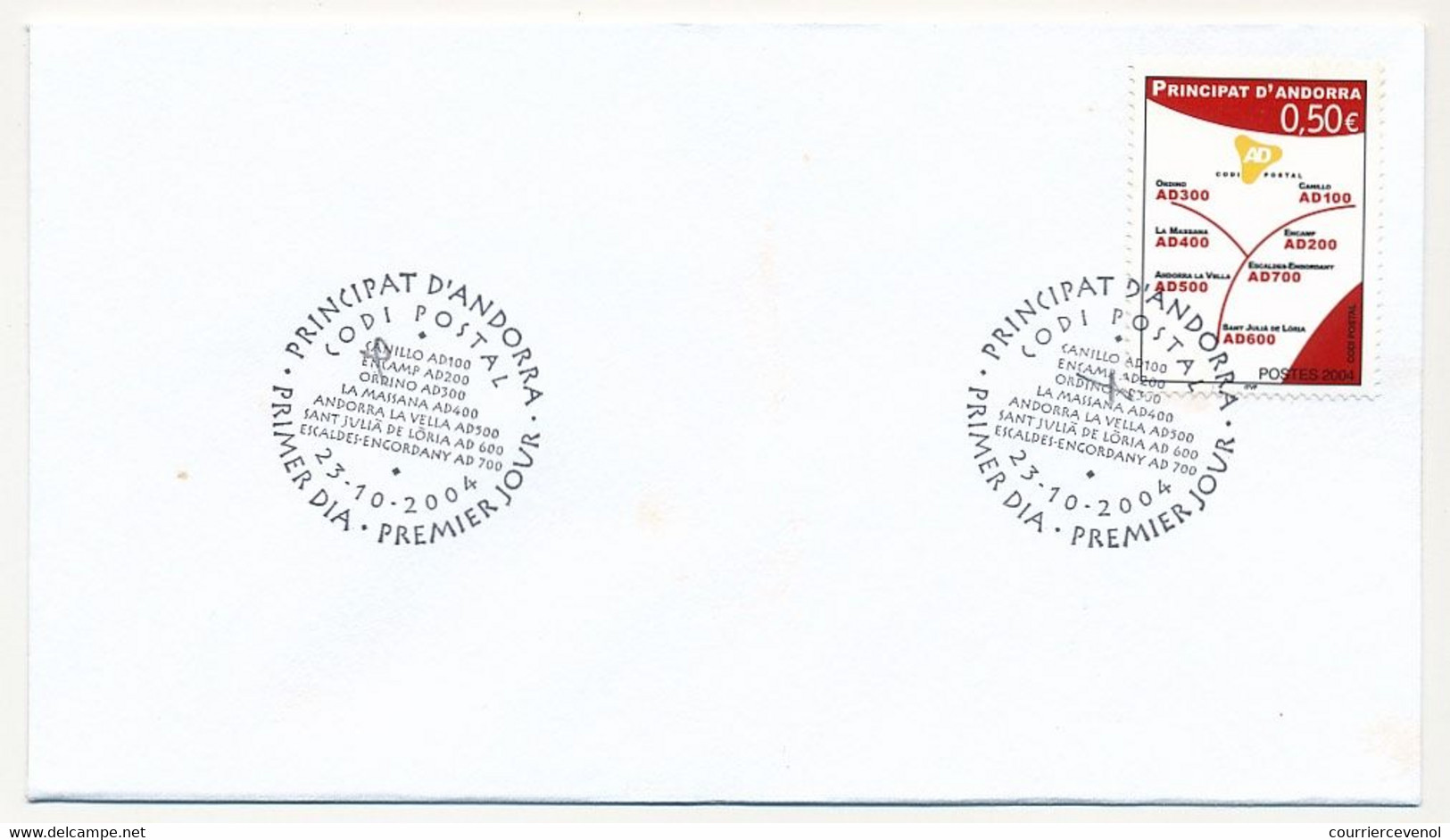 ANDORRE => Env. Blanche - 0,50 E Codi Postal - Premier Jour 23/10/2004 - Principat D'Andorra - FDC