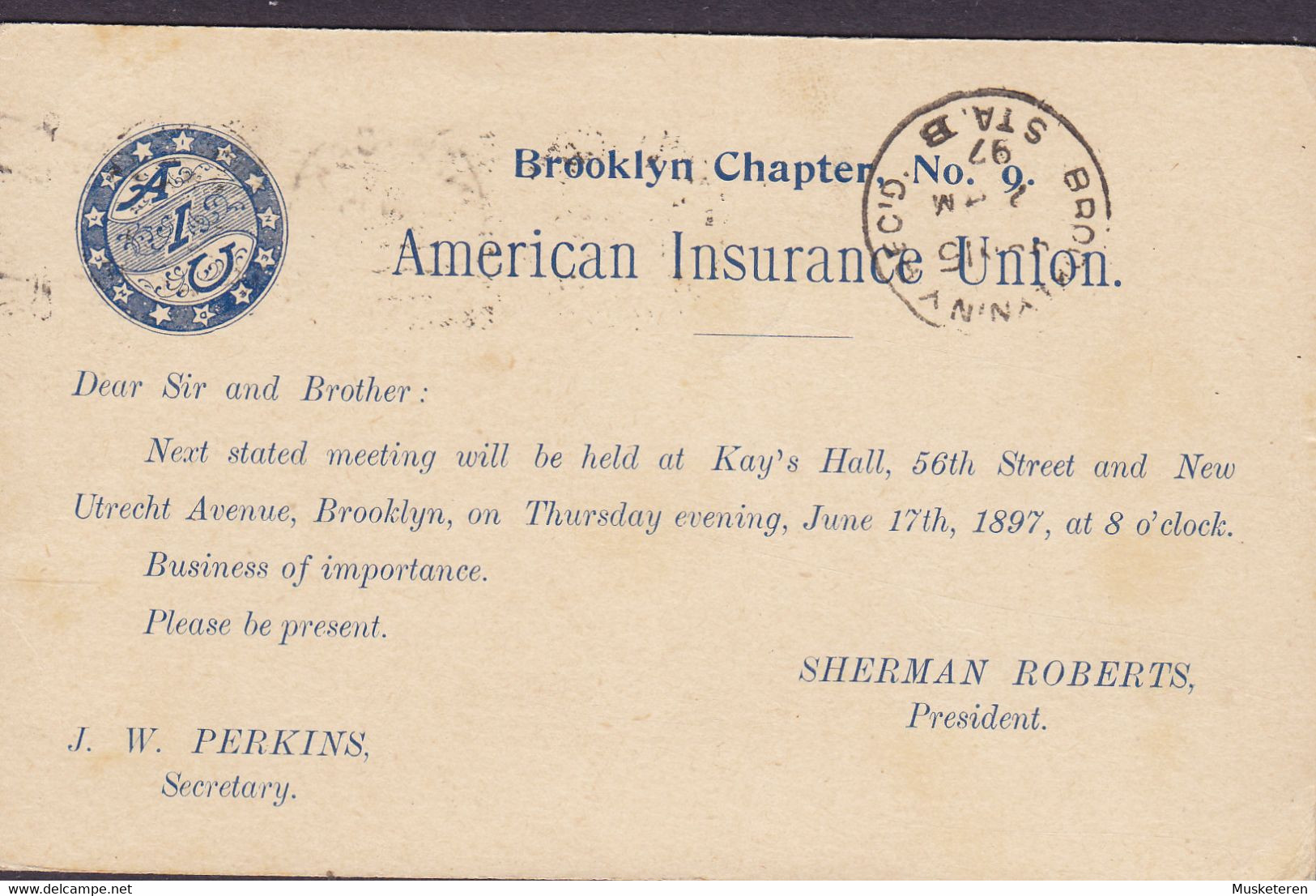 Uprated Postal Stationery Ganzsache AMERICAN INSURANCE UNION Brooklyn Chapter, Slogan 'Flag' NEW YORK 1897 BROOKLYN - Otros & Sin Clasificación