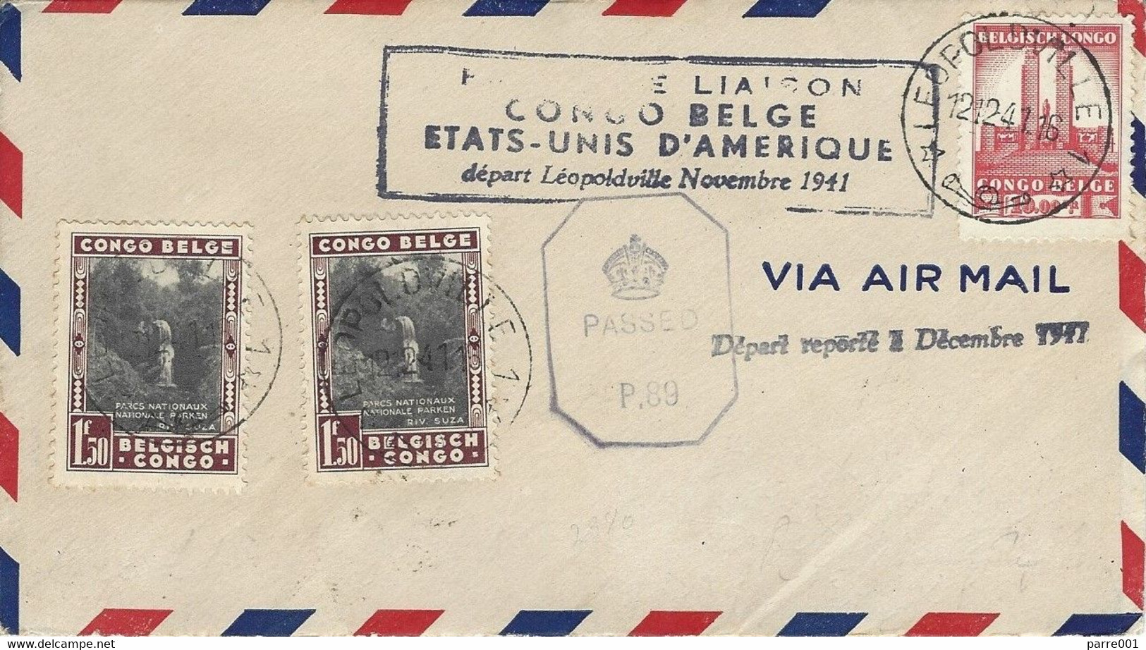 Belgian Congo 1941 Leopoldville Postponed FFC Flight To Brasil Brazil Censored Cover - Brieven En Documenten