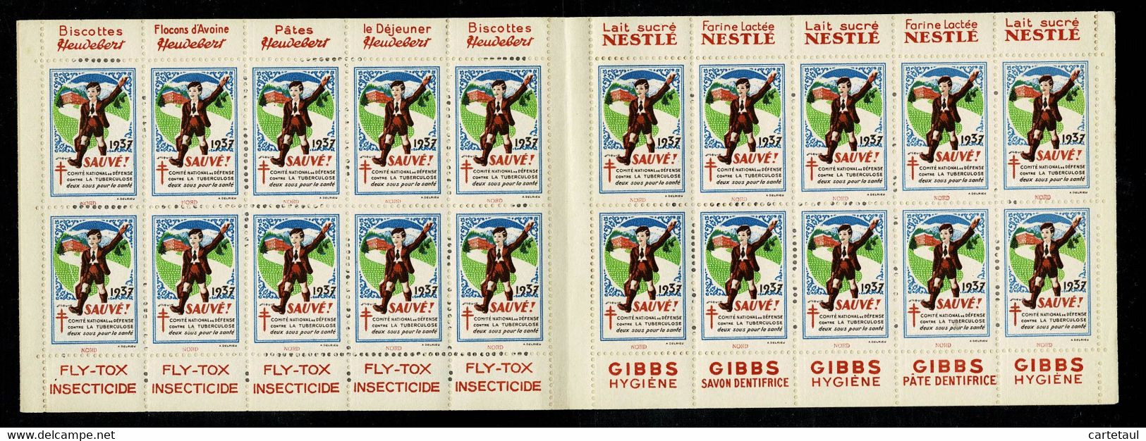 Erinnophilie Tuberculose 1937 Carnet Complet 20 Timbres HEUDEBERT FLY TOX NESTLE GIBBS Indice NORD ** TTB/SUP - Tegen Tuberculose