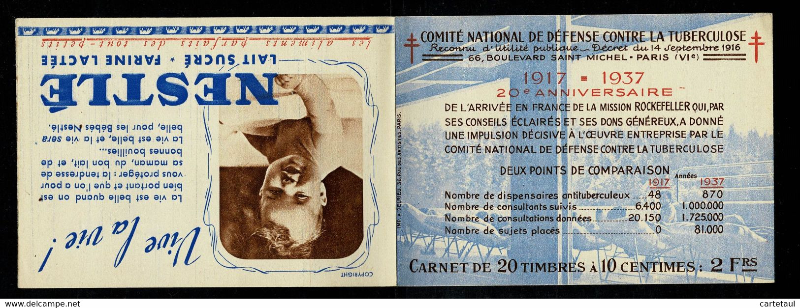 Erinnophilie Tuberculose 1937 Carnet Complet 20 Timbres HEUDEBERT FLY TOX NESTLE GIBBS Indice NORD ** TTB/SUP - Antituberculeux