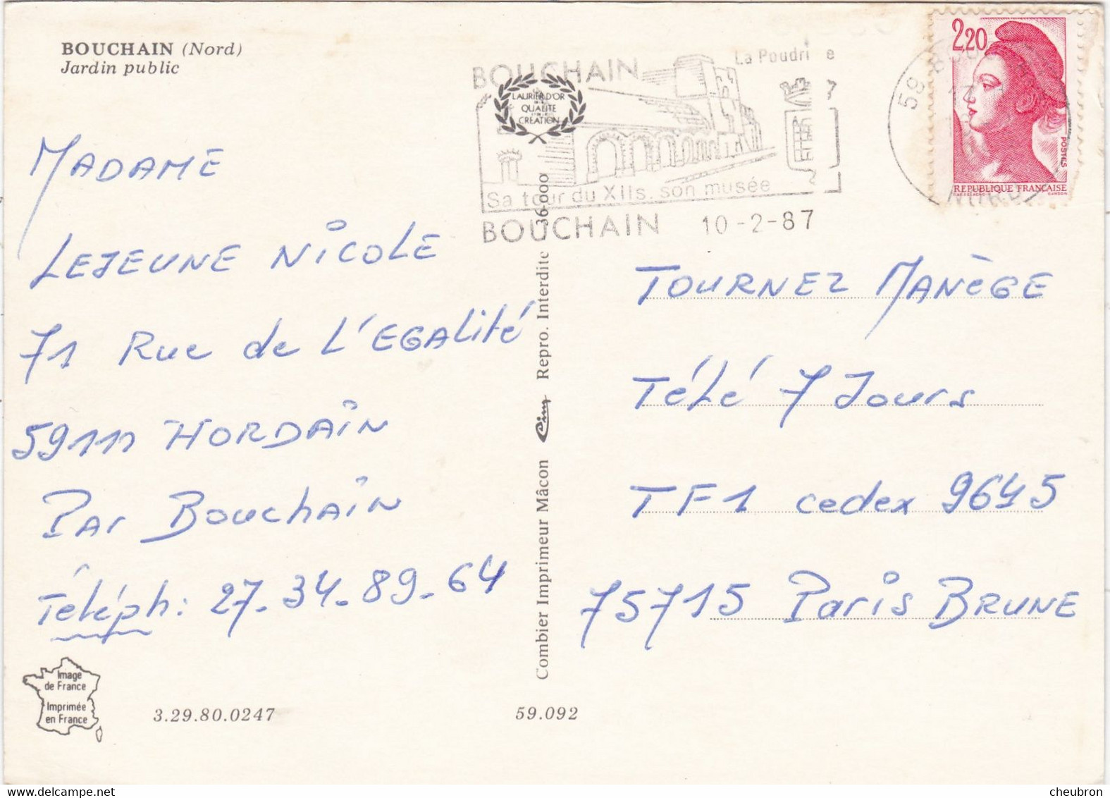 59. BOUCHAIN. JARDIN PUBLIC. ANNEE 1987 + TEXTE - Bouchain