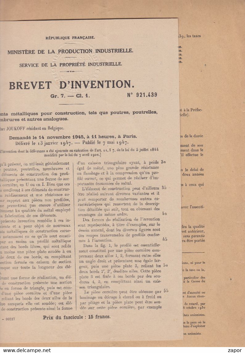 Brevet D'Invention - Ministère De La Production Industrielle - 1947 - Other Plans