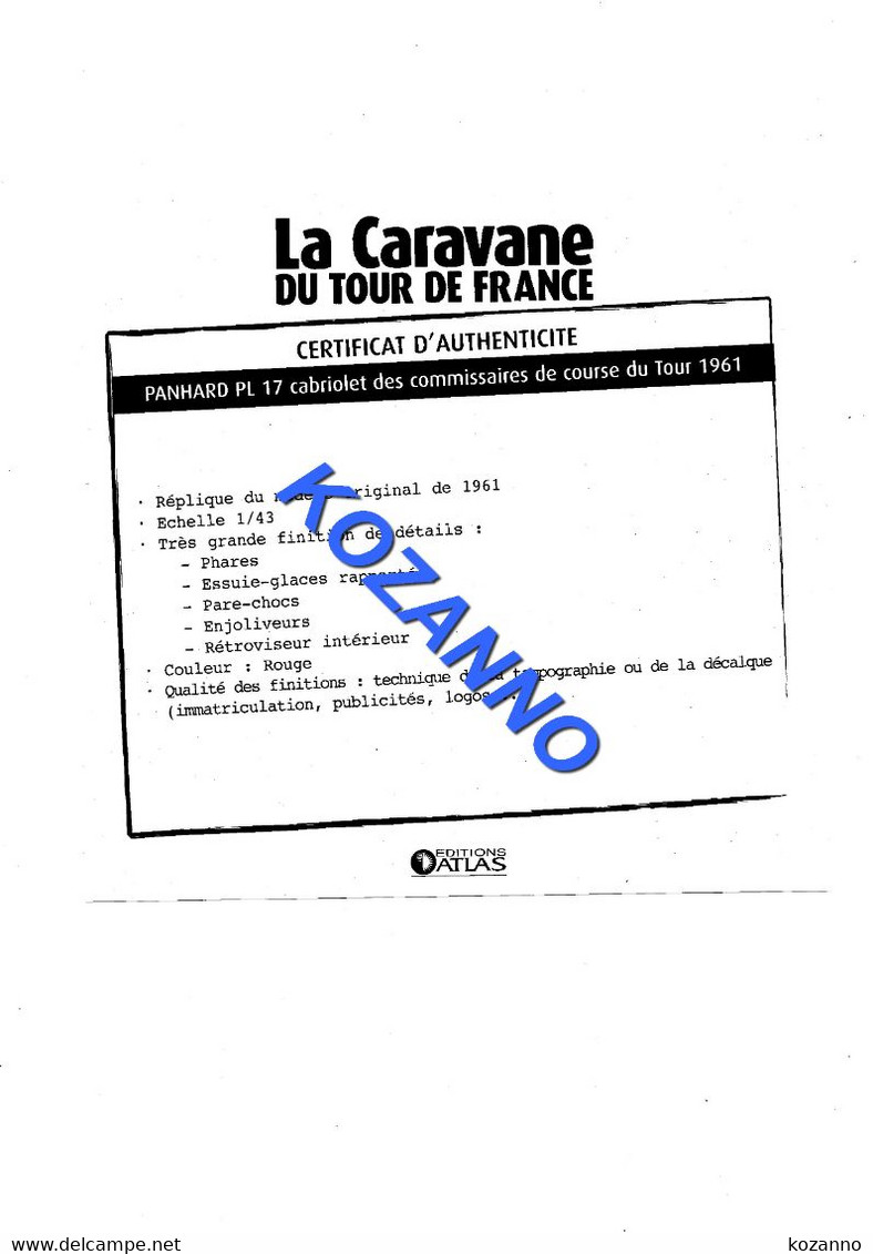 LA CARAVANE DU TOUR DE FRANCE - CERTIFICAT D'AUTHENTICITE: PANHARD PL 17 CABRIOLET DES COMMISSAIRES DE COURSE 1961 (354) - Catálogos