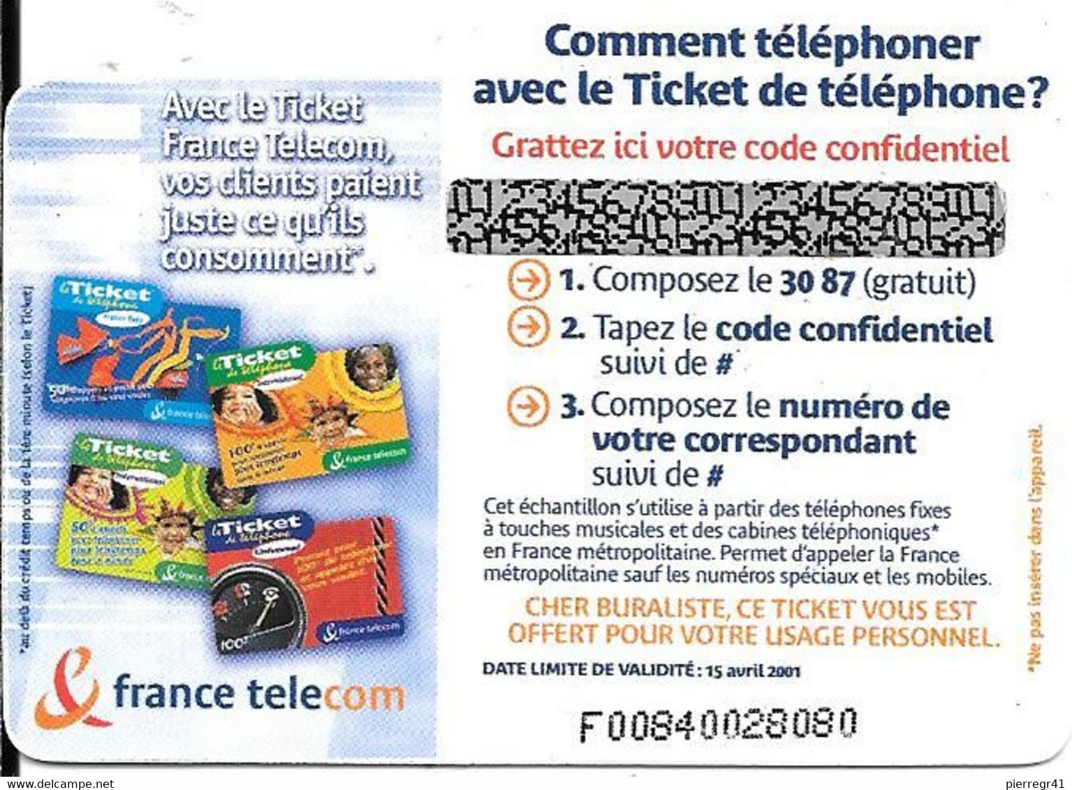 TICKET TELEPHONE-FRANCE-PR72-2001-ECHANTILLON 6Mn-VOEUX 2001 Non Gratté-NEUF-TBE - Biglietti FT